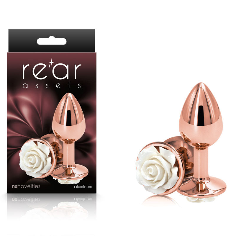 Rear Assets Rose - Small - 7.6 cm Metal Butt Plug with White Rose Base