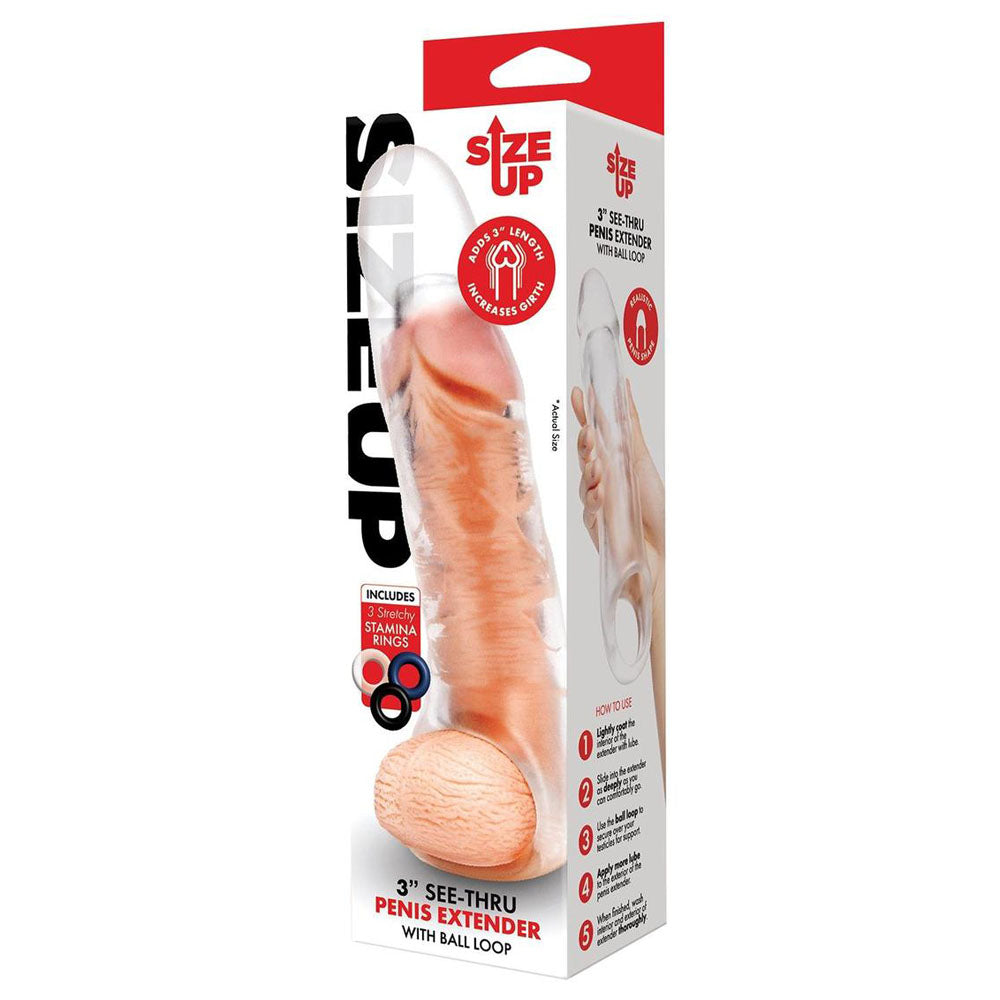 Size Up 3 Inch See-Thru Penis Extender with Ball Loop - 7.6 cm (3'') Penis Extension Sleeve