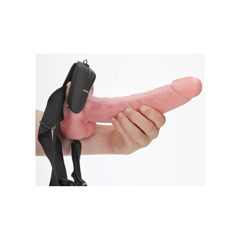 REALROCK Vibrating Hollow Strapon + Balls - 23cm  -  23 cm Vibrating Hollow Strap-On